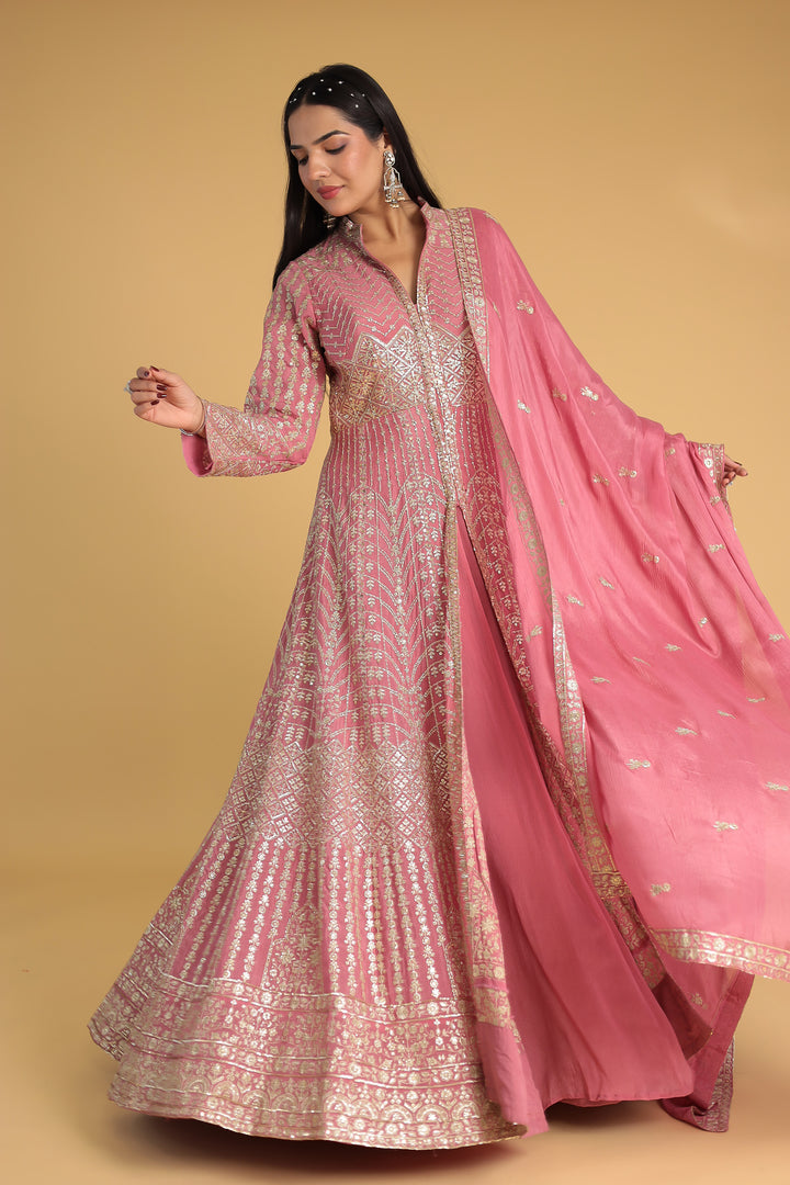 Floor Length Chinon Silk Indowestern Enhanced with Aari and Sequins work
