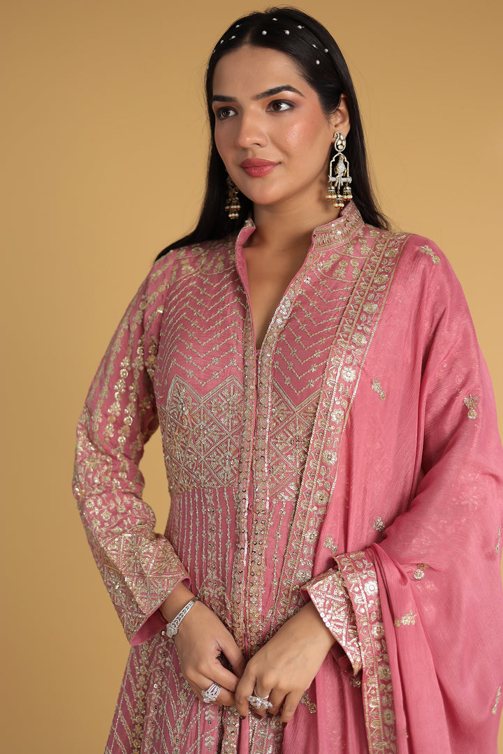 Floor Length Chinon Silk Indowestern Enhanced with Aari and Sequins work