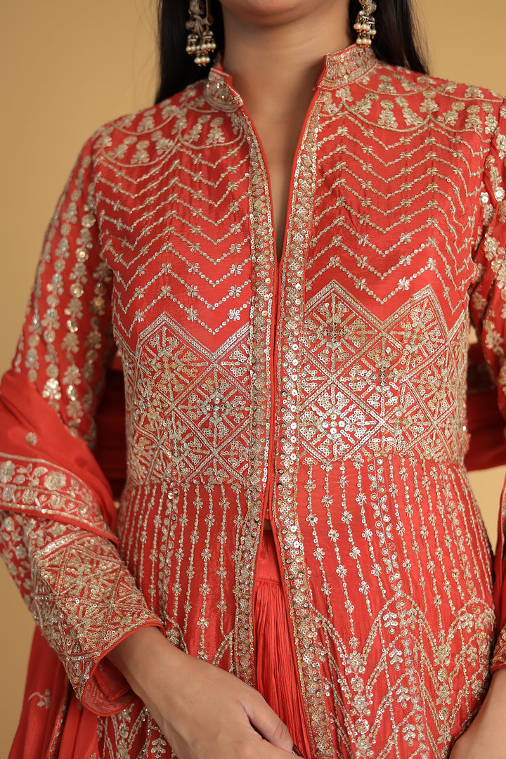 Floor Length Chinon Silk Indowestern Enhanced with Aari and Sequins work