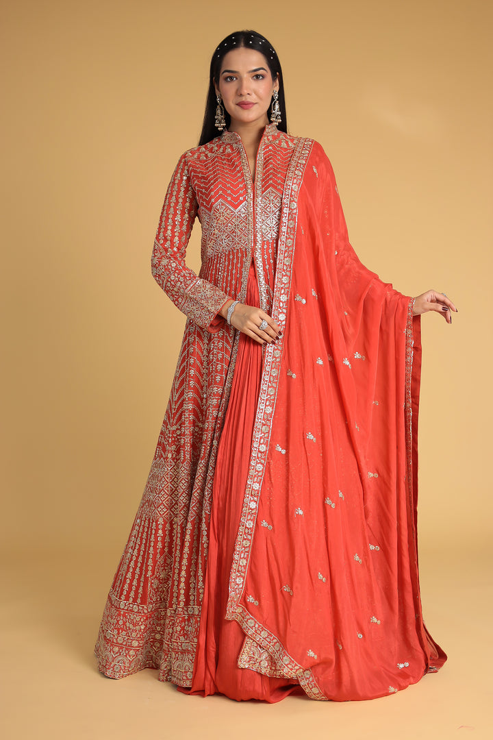 Floor Length Chinon Silk Indowestern Enhanced with Aari and Sequins work