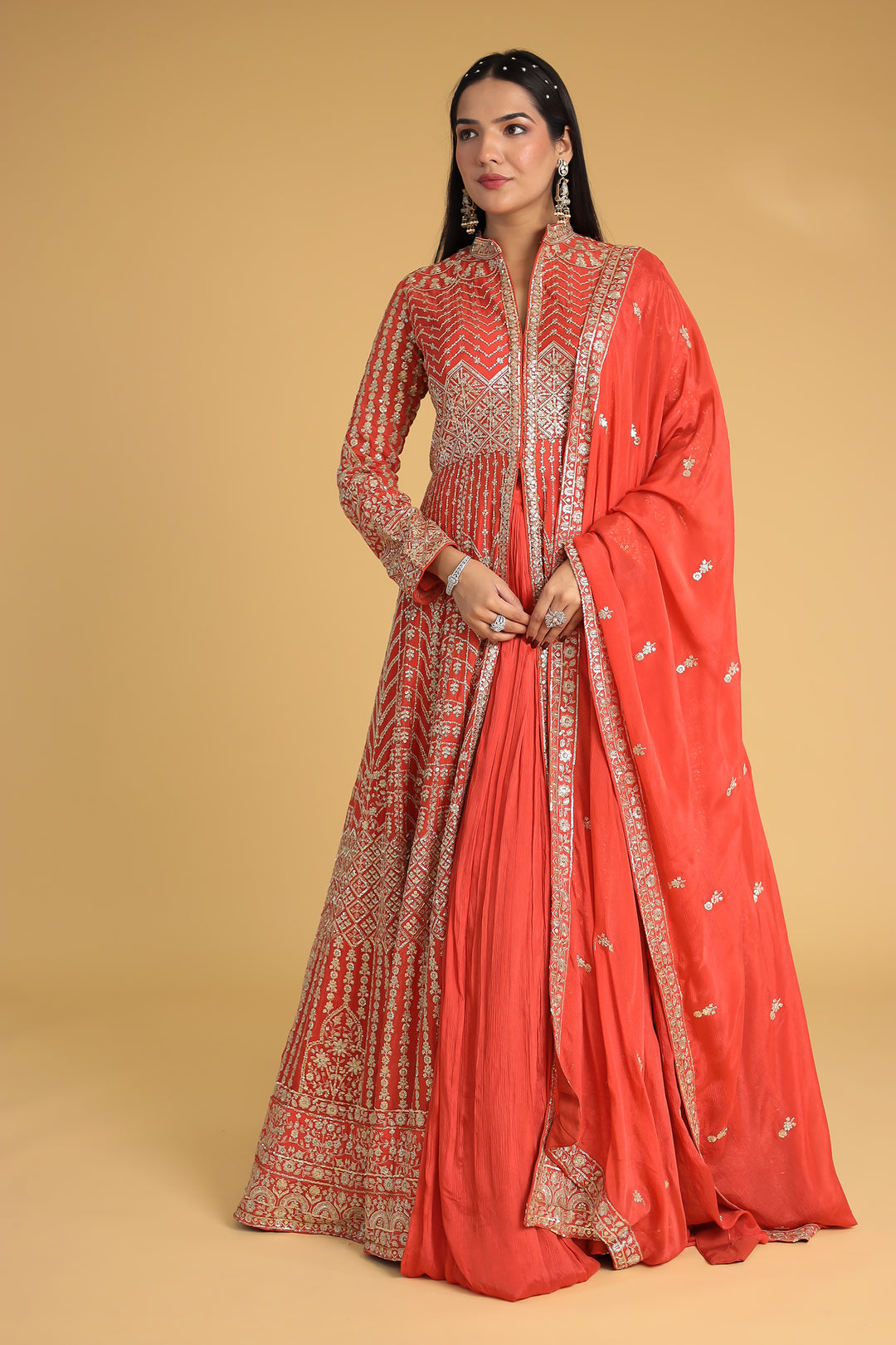 Floor Length Chinon Silk Indowestern Enhanced with Aari and Sequins work