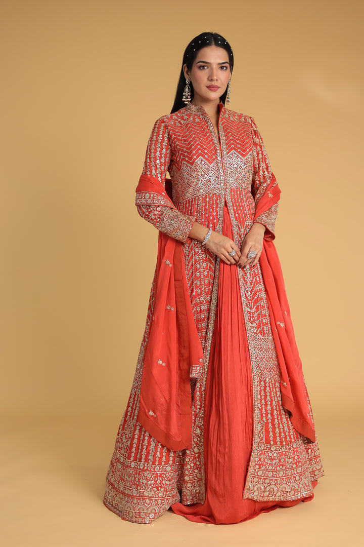 Floor Length Chinon Silk Indowestern Enhanced with Aari and Sequins work