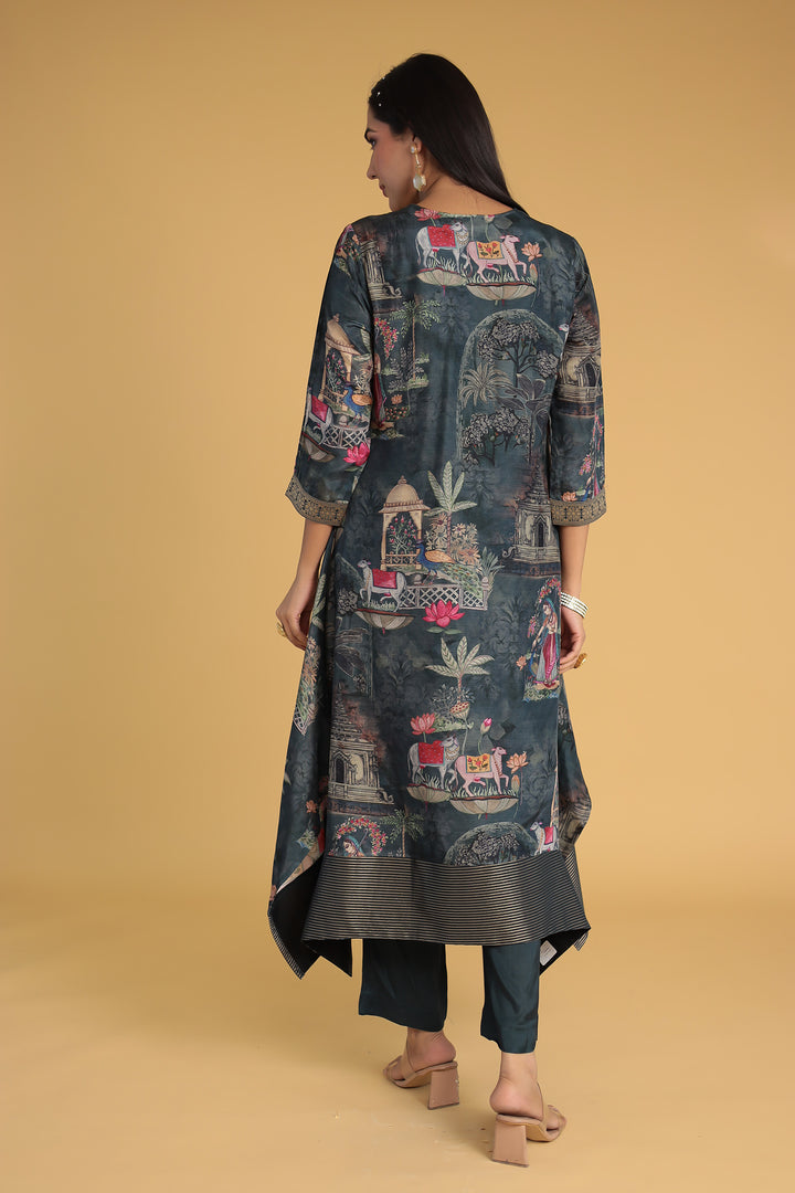 Printed Zari Border Silk Kurta Set Stitched