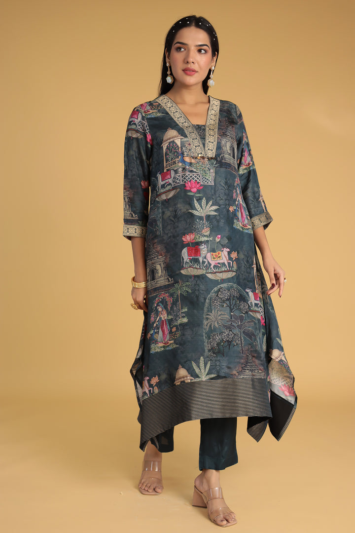 Printed Zari Border Silk Kurta Set Stitched