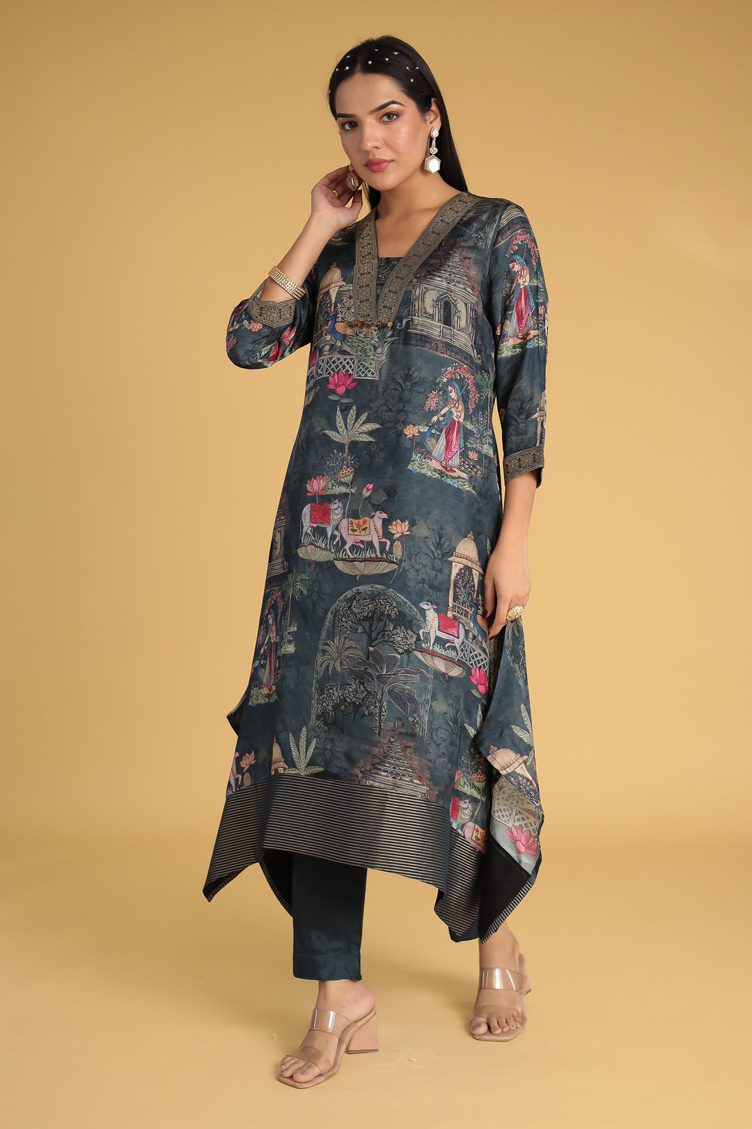 Printed Zari Border Silk Kurta Set Stitched