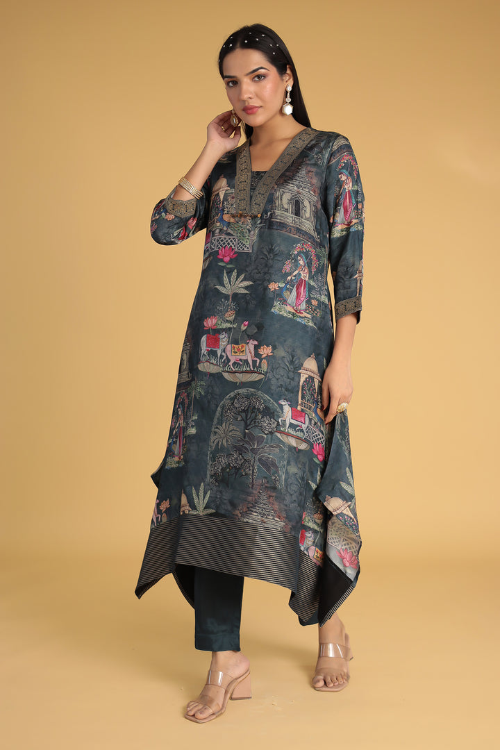 Printed Zari Border Silk Kurta Set Stitched
