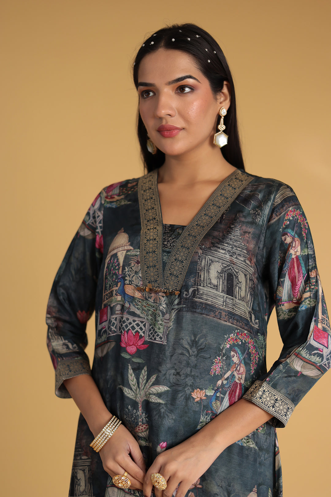 Printed Zari Border Silk Kurta Set Stitched
