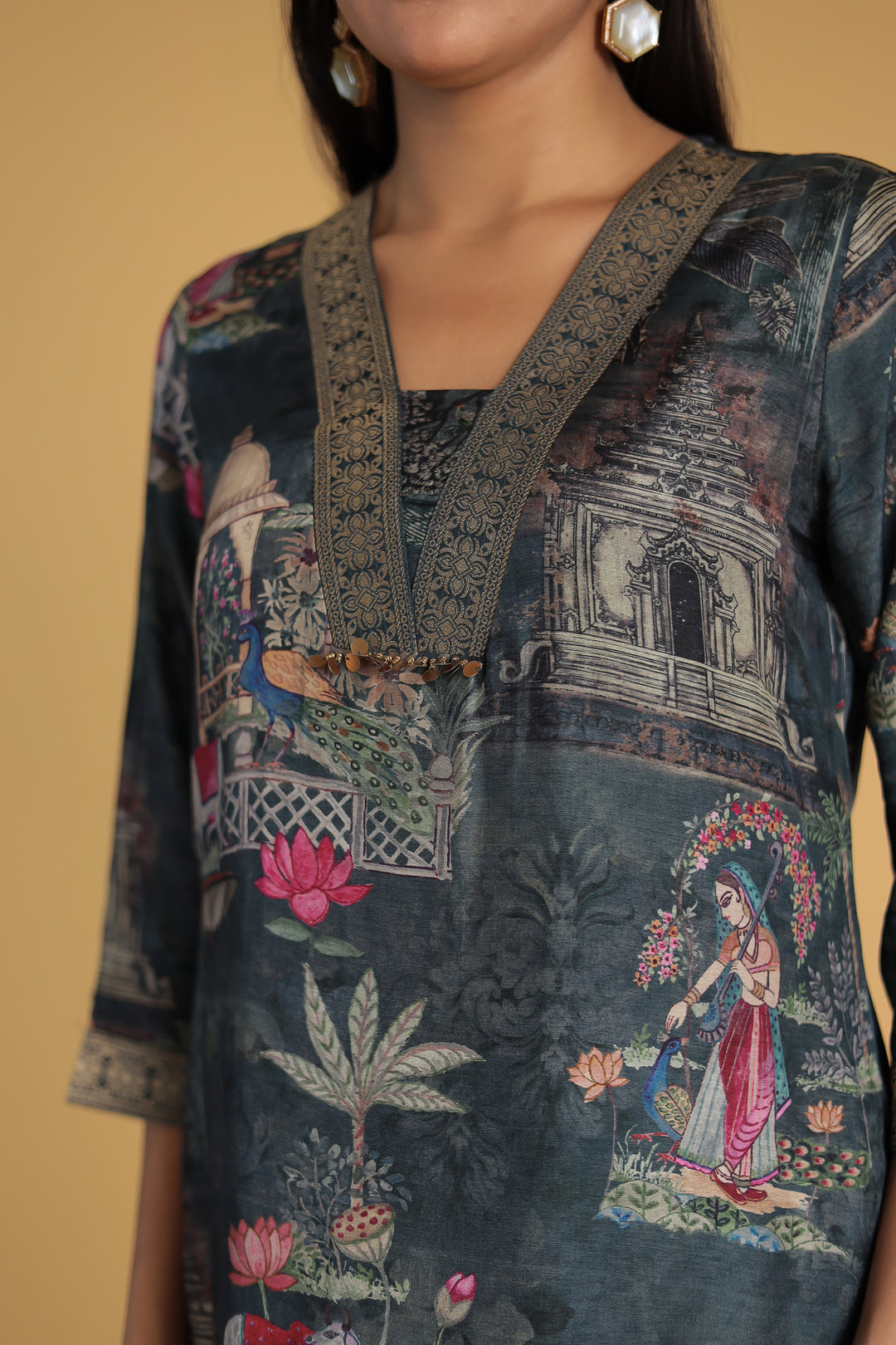 Printed Zari Border Silk Kurta Set Stitched