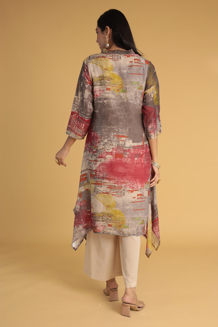 Abstract Printed Chanderi Kurta Set Stitched