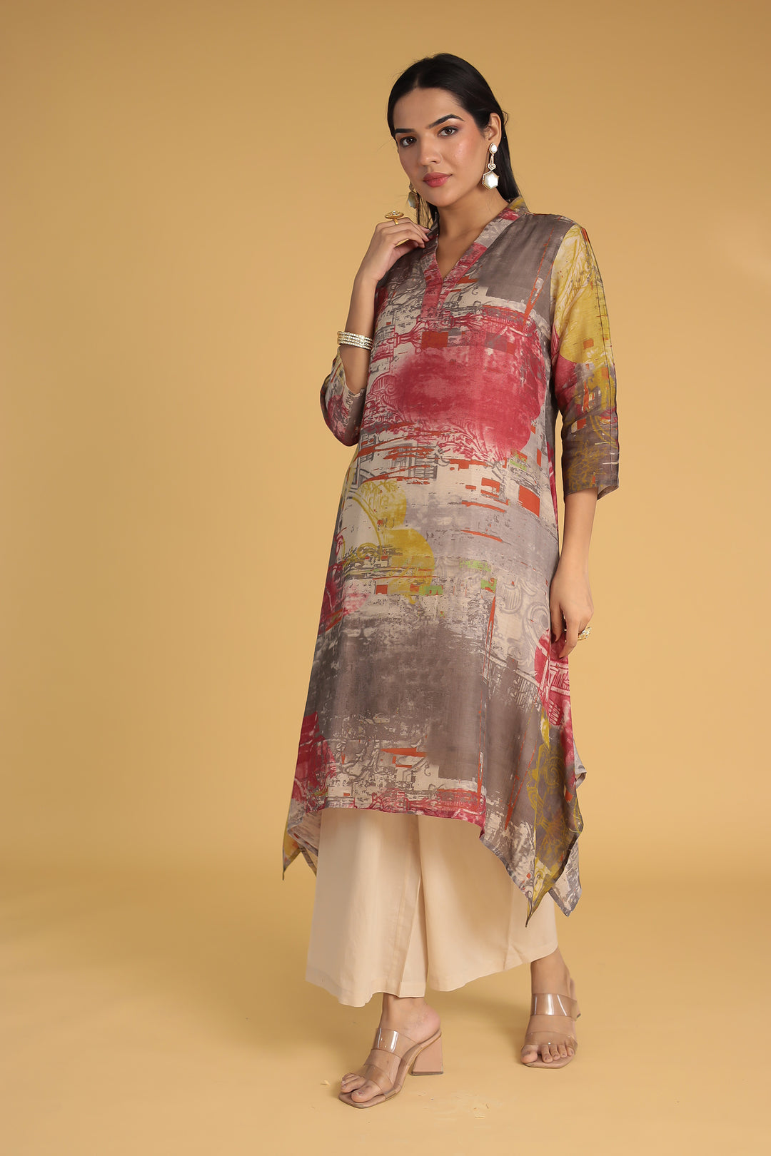 Abstract Printed Chanderi Kurta Set Stitched