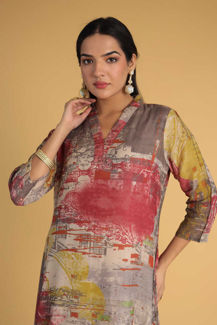 Abstract Printed Chanderi Kurta Set Stitched