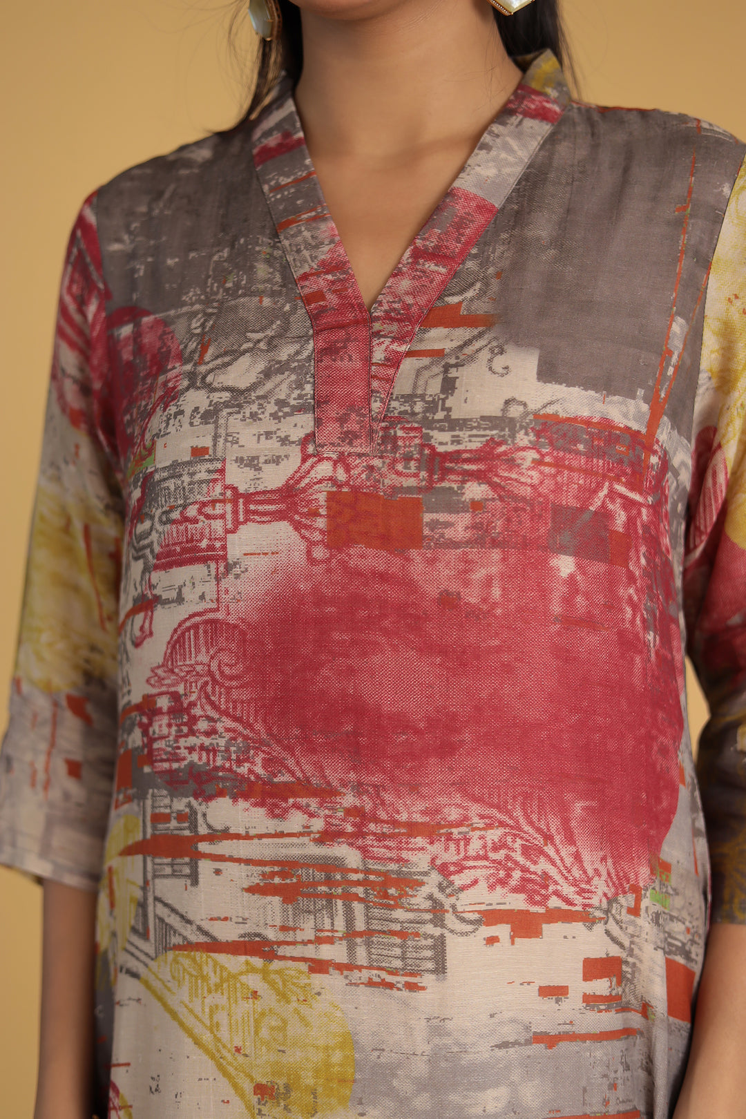 Abstract Printed Chanderi Kurta Set Stitched