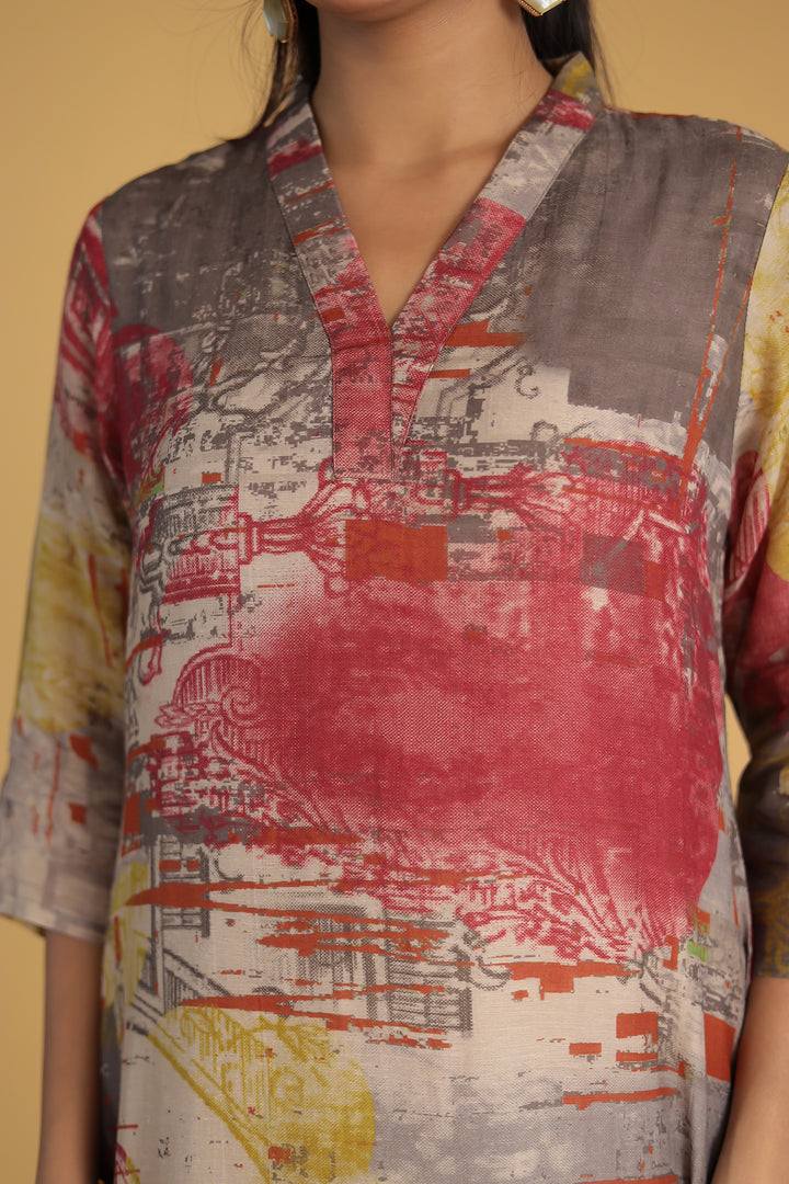 Abstract Printed Chanderi Kurta Set Stitched