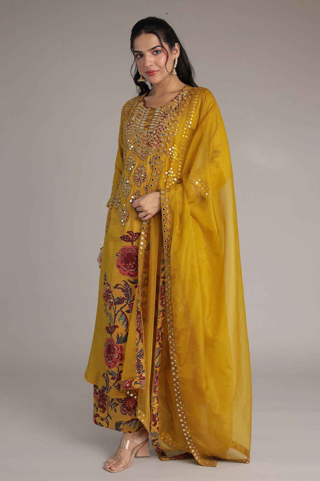 Gold Printed Chanderi Silk Suit with Mirror and Thread work