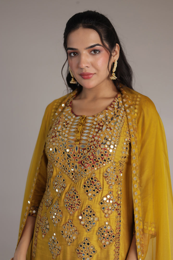 Gold Printed Chanderi Silk Suit with Mirror and Thread work
