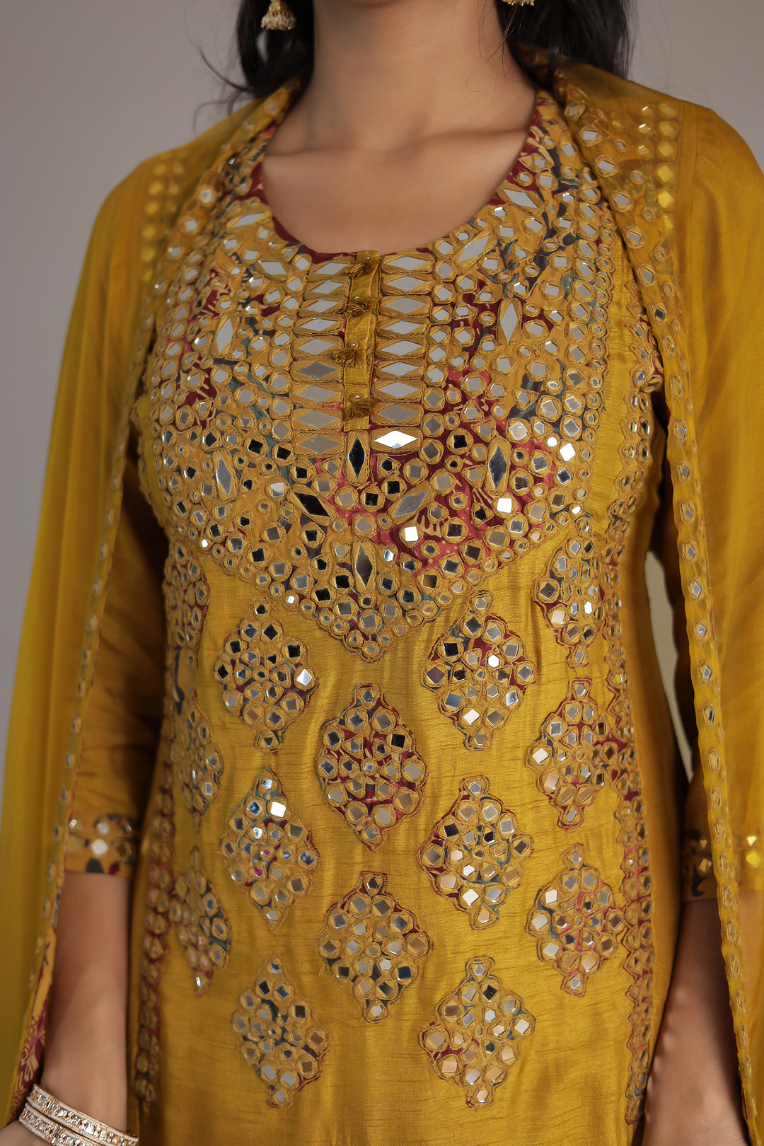 Gold Printed Chanderi Silk Suit with Mirror and Thread work