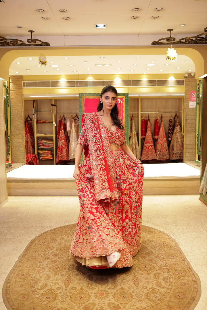 Raw silk Zardozi Lehenga with Sequins and Thread work.