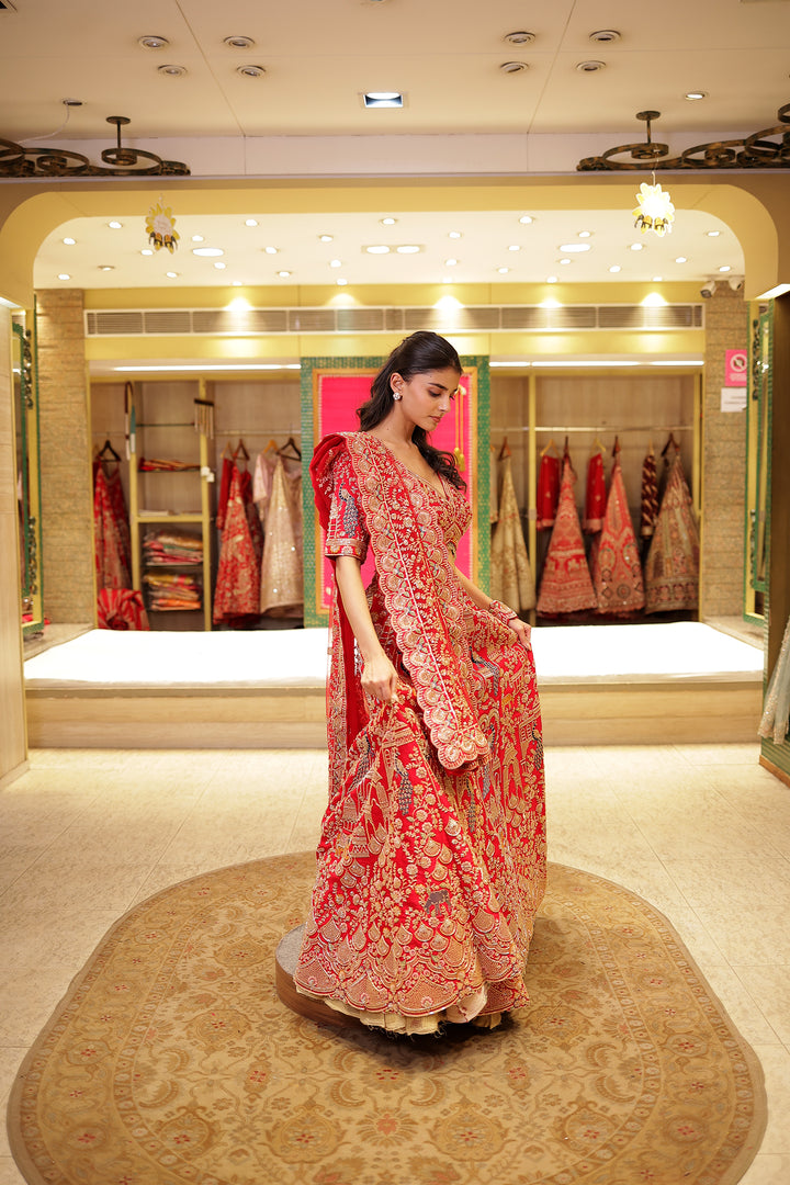 Raw silk Zardozi Lehenga with Sequins and Thread work.