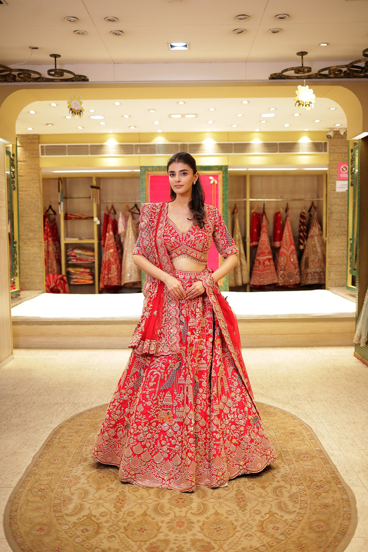 Raw silk Zardozi Lehenga with Sequins and Thread work.