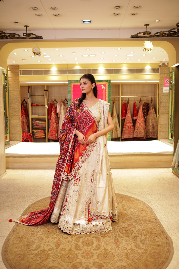 Raw silk Zardozi Lehenga with Thread and Zari work.
