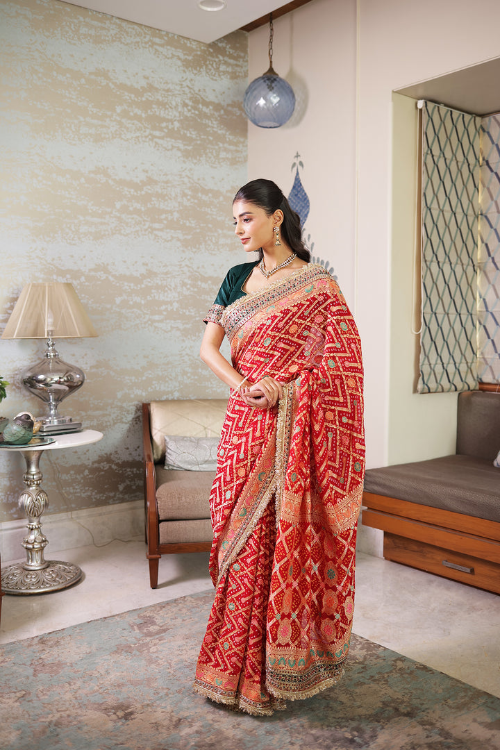 Red Khaddi Bandhej Pure georgette Saree