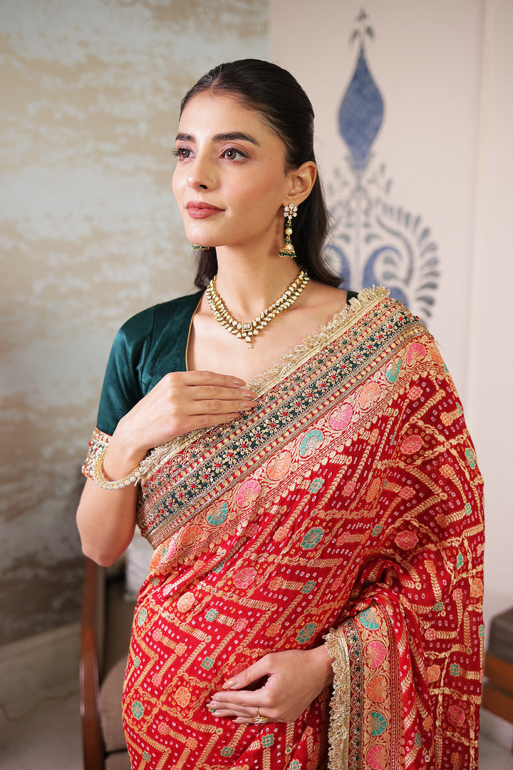 Red Khaddi Bandhej Pure georgette Saree