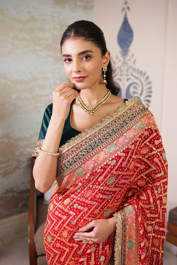 Red Khaddi Bandhej Pure georgette Saree