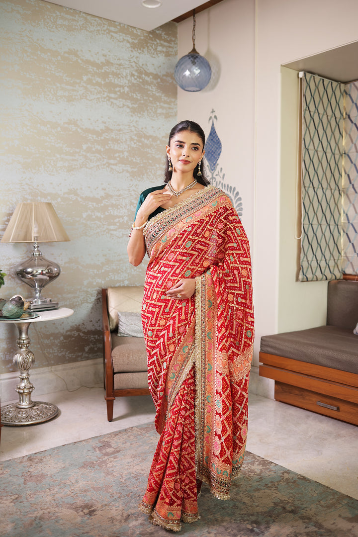 Red Khaddi Bandhej Pure georgette Saree