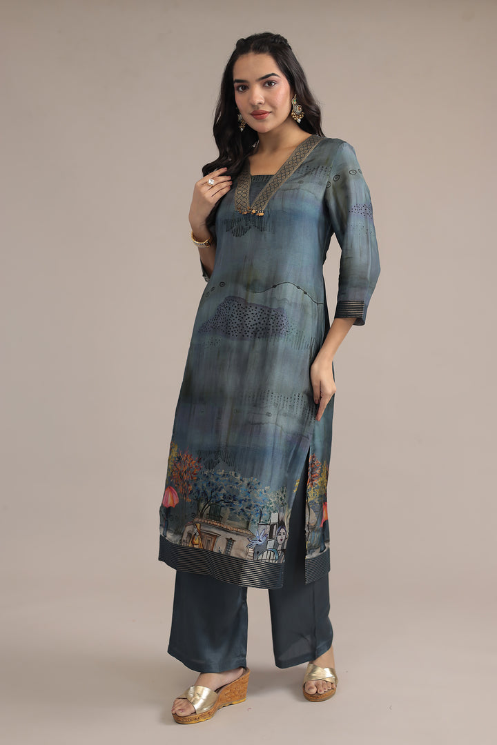 Grey Printed Silk Suit  with  Zari Border