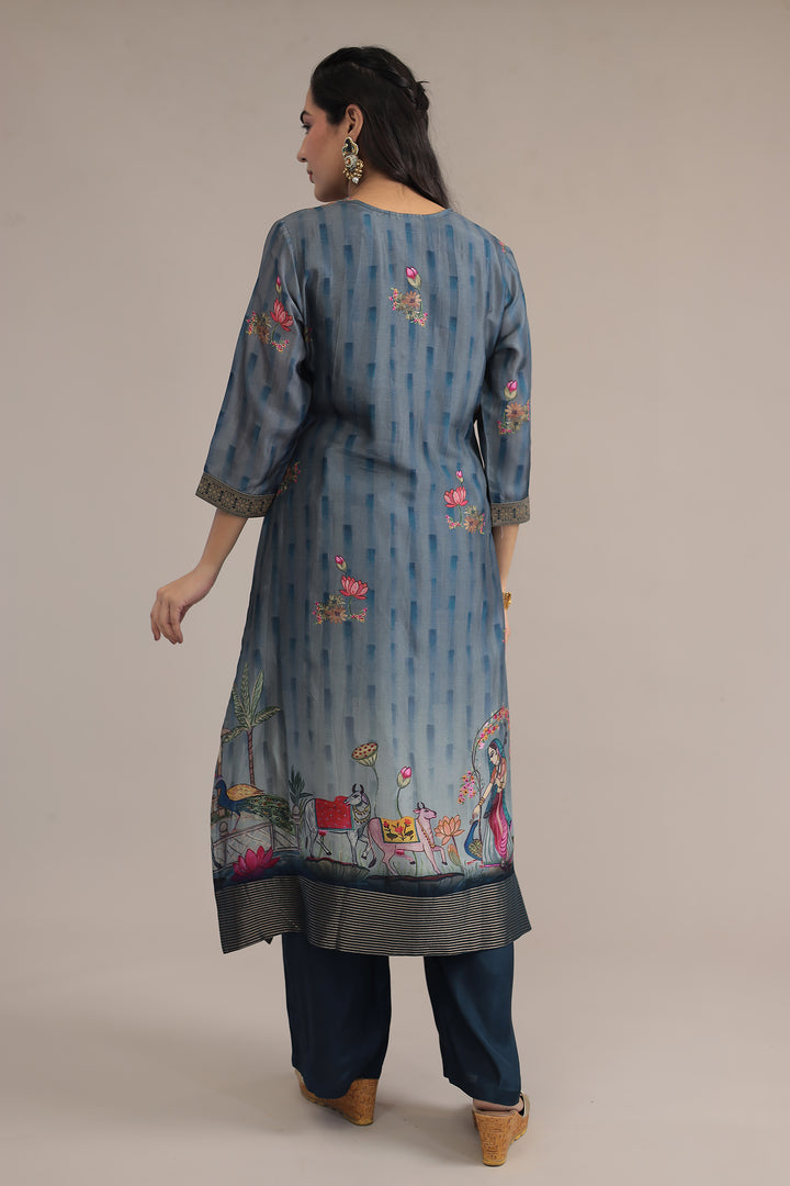 Printed Silk  Suit  with  Zari border work