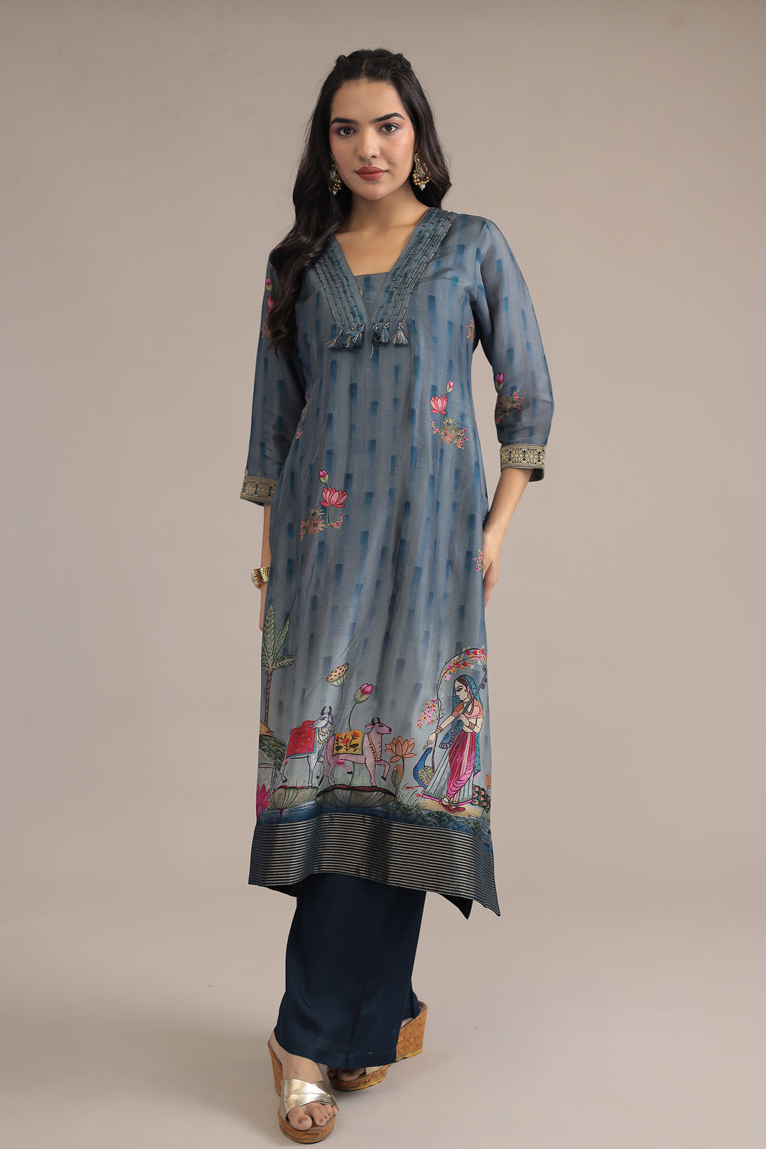 Printed Silk  Suit  with  Zari border work