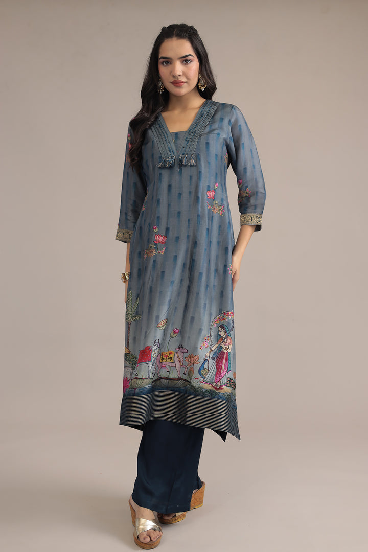 Printed Silk  Suit  with  Zari border work