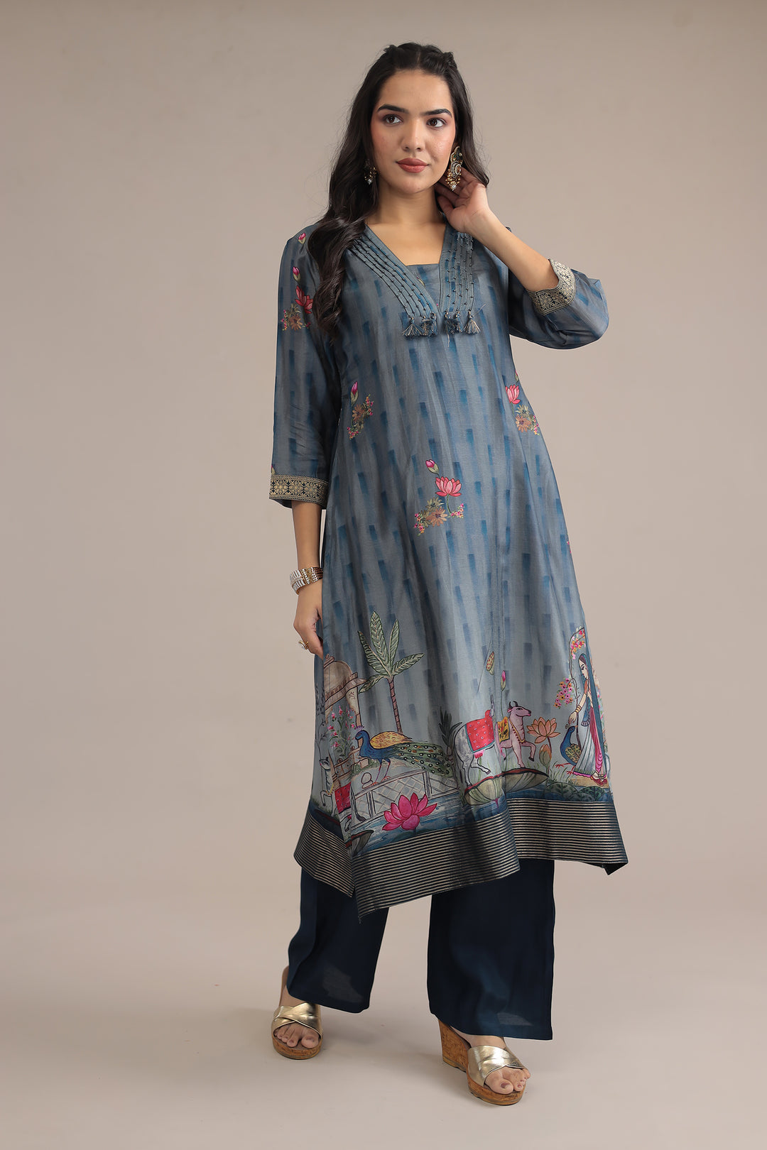 Printed Silk  Suit  with  Zari border work