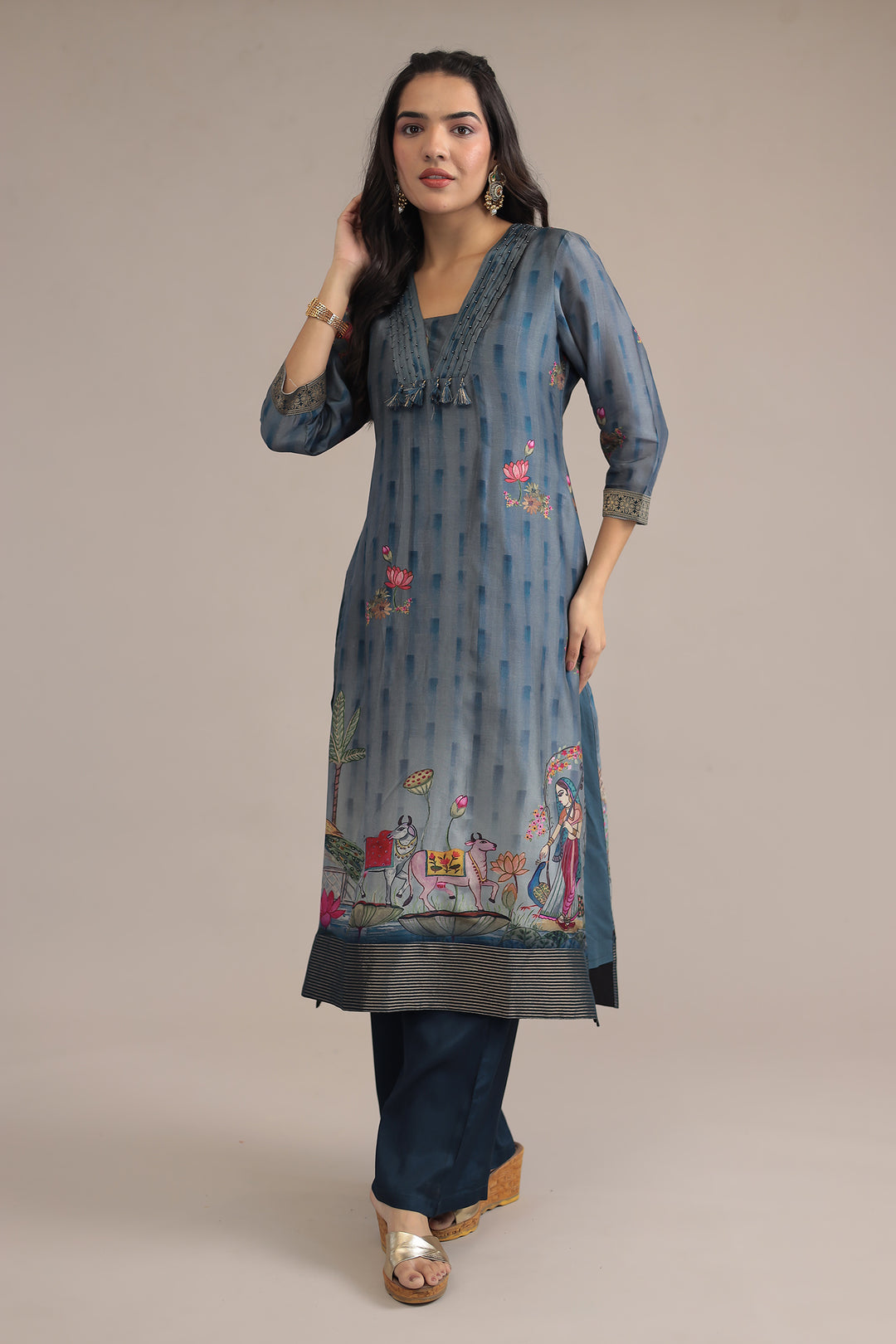 Printed Silk  Suit  with  Zari border work