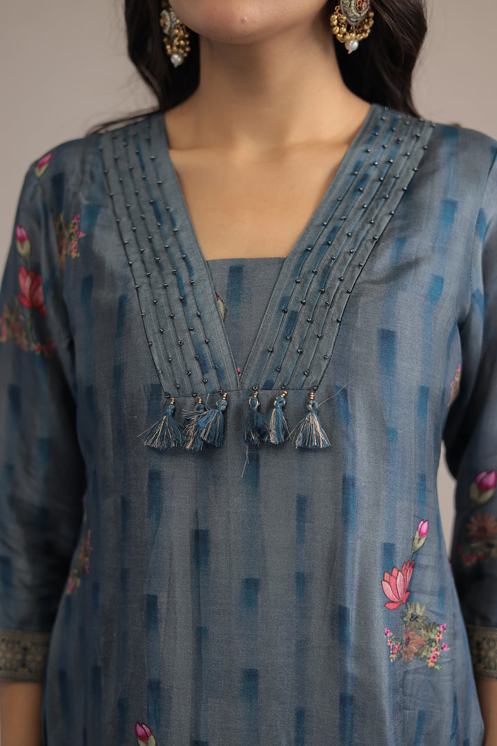 Printed Silk  Suit  with  Zari border work