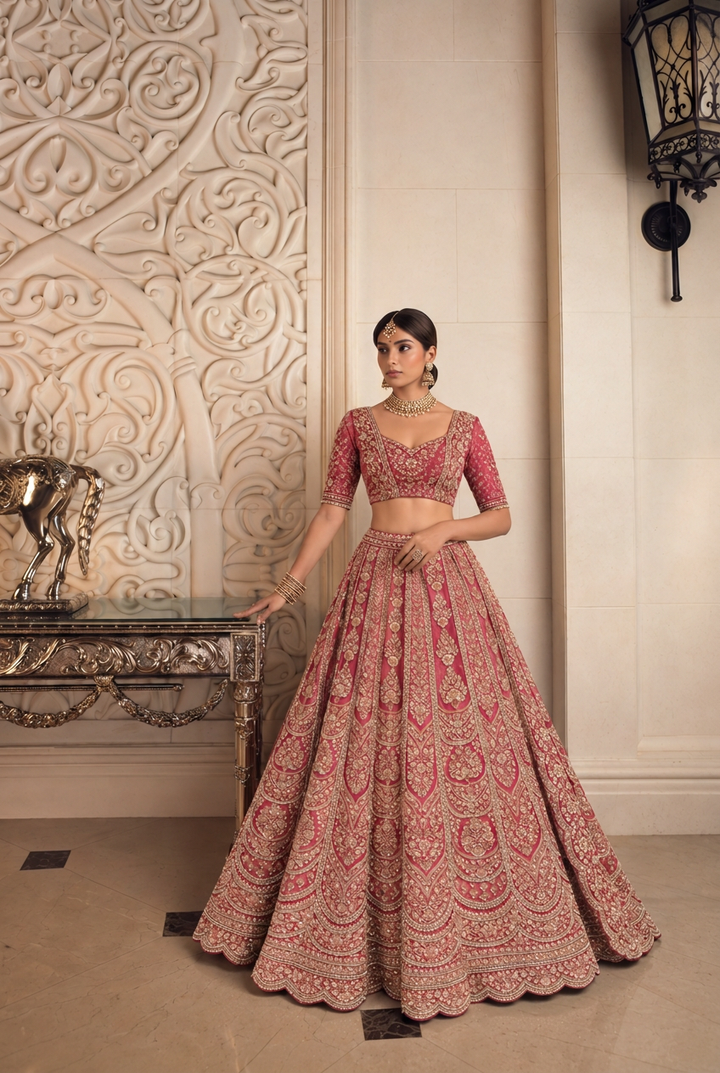 Silk Lehenga with Aari, Cutdana, Dori, Pearl, Stone, Thread, Zardozi, Zari work.