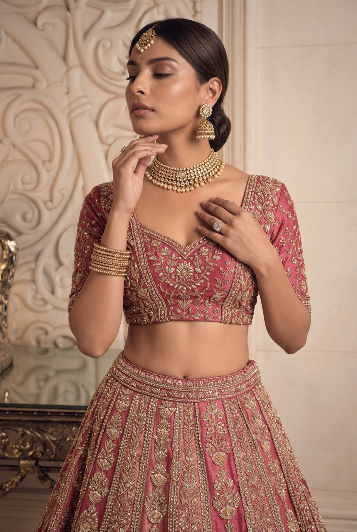 Silk Lehenga with Aari, Cutdana, Dori, Pearl, Stone, Thread, Zardozi, Zari work.