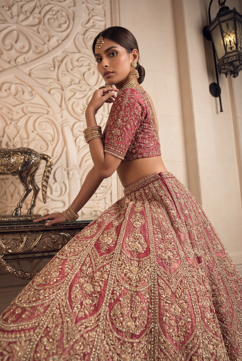 Silk Lehenga with Aari, Cutdana, Dori, Pearl, Stone, Thread, Zardozi, Zari work.