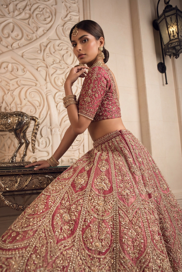 Silk Lehenga with Aari, Cutdana, Dori, Pearl, Stone, Thread, Zardozi, Zari work.
