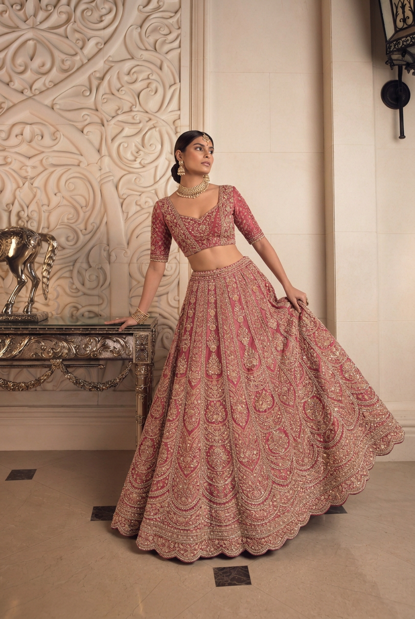 Silk Lehenga with Aari, Cutdana, Dori, Pearl, Stone, Thread, Zardozi, Zari work.