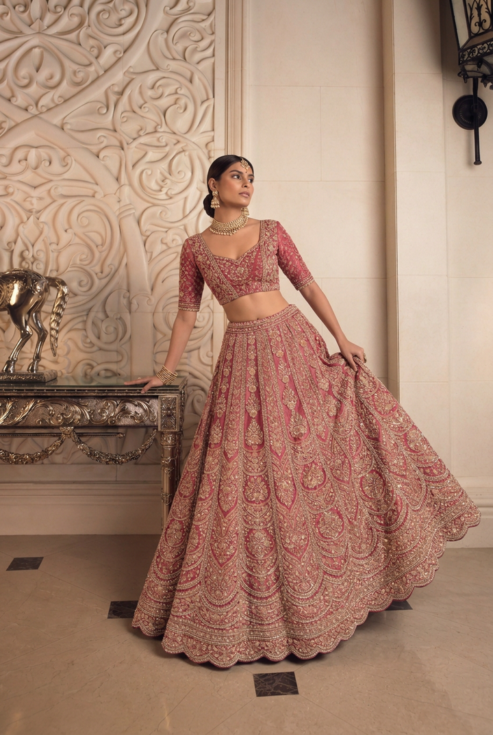 Silk Lehenga with Aari, Cutdana, Dori, Pearl, Stone, Thread, Zardozi, Zari work.