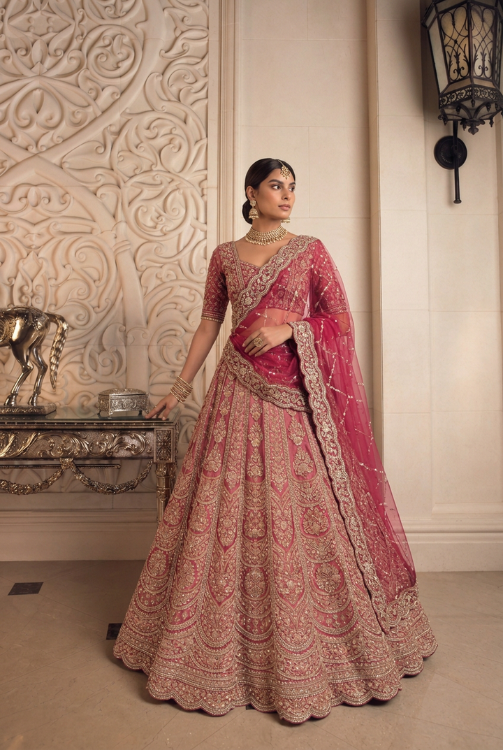 Silk Lehenga with Aari, Cutdana, Dori, Pearl, Stone, Thread, Zardozi, Zari work.