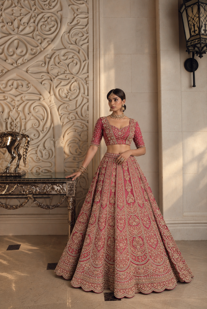 Silk Lehenga with Aari, Cutdana, Dori, Pearl, Stone, Thread, Zardozi, Zari work.