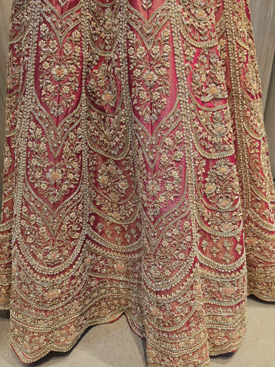 Silk Lehenga with Aari, Cutdana, Dori, Pearl, Stone, Thread, Zardozi, Zari work.