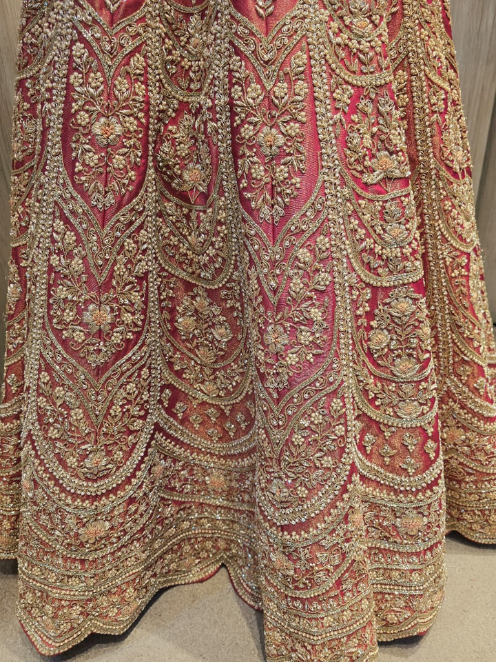 Silk Lehenga with Aari, Cutdana, Dori, Pearl, Stone, Thread, Zardozi, Zari work.