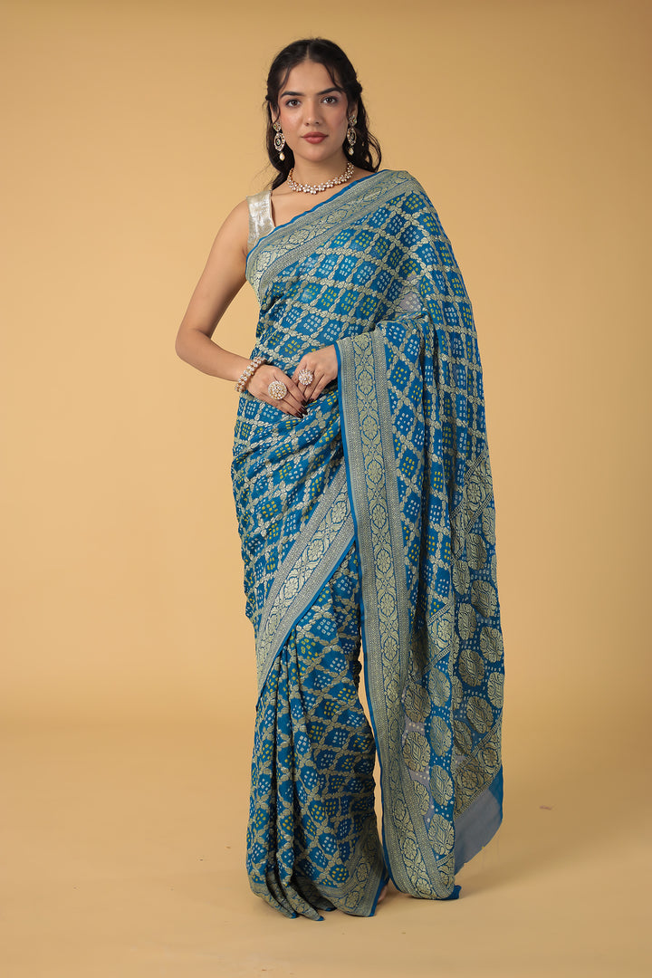 Blue Bandhej Pure Handloom Georgette  Saree
