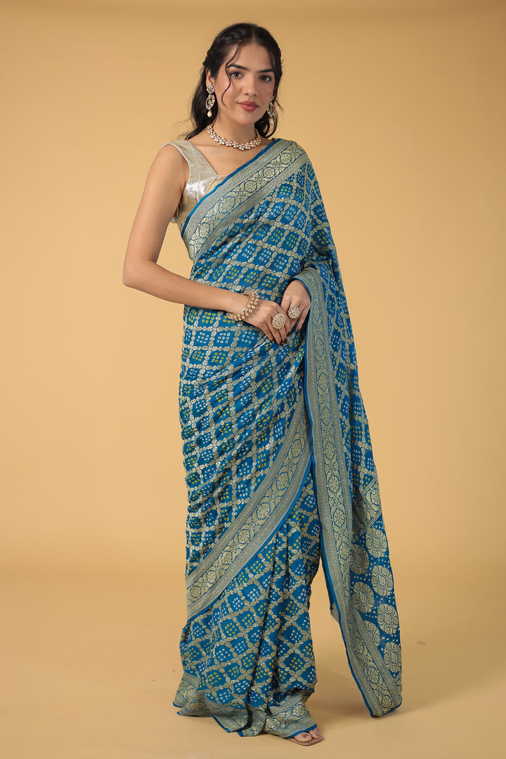 Blue Bandhej Pure Handloom Georgette  Saree