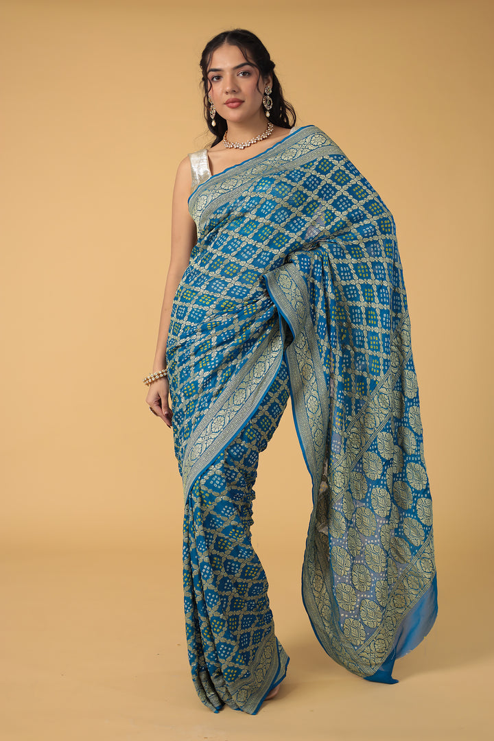 Blue Bandhej Pure Handloom Georgette  Saree
