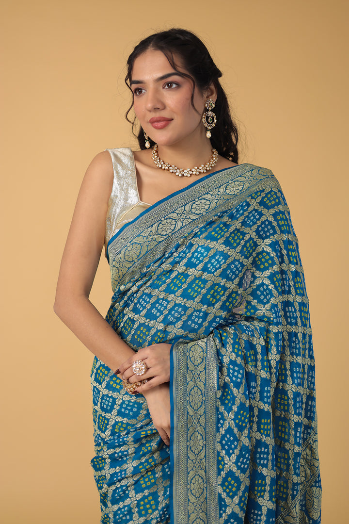 Blue Bandhej Pure Handloom Georgette  Saree