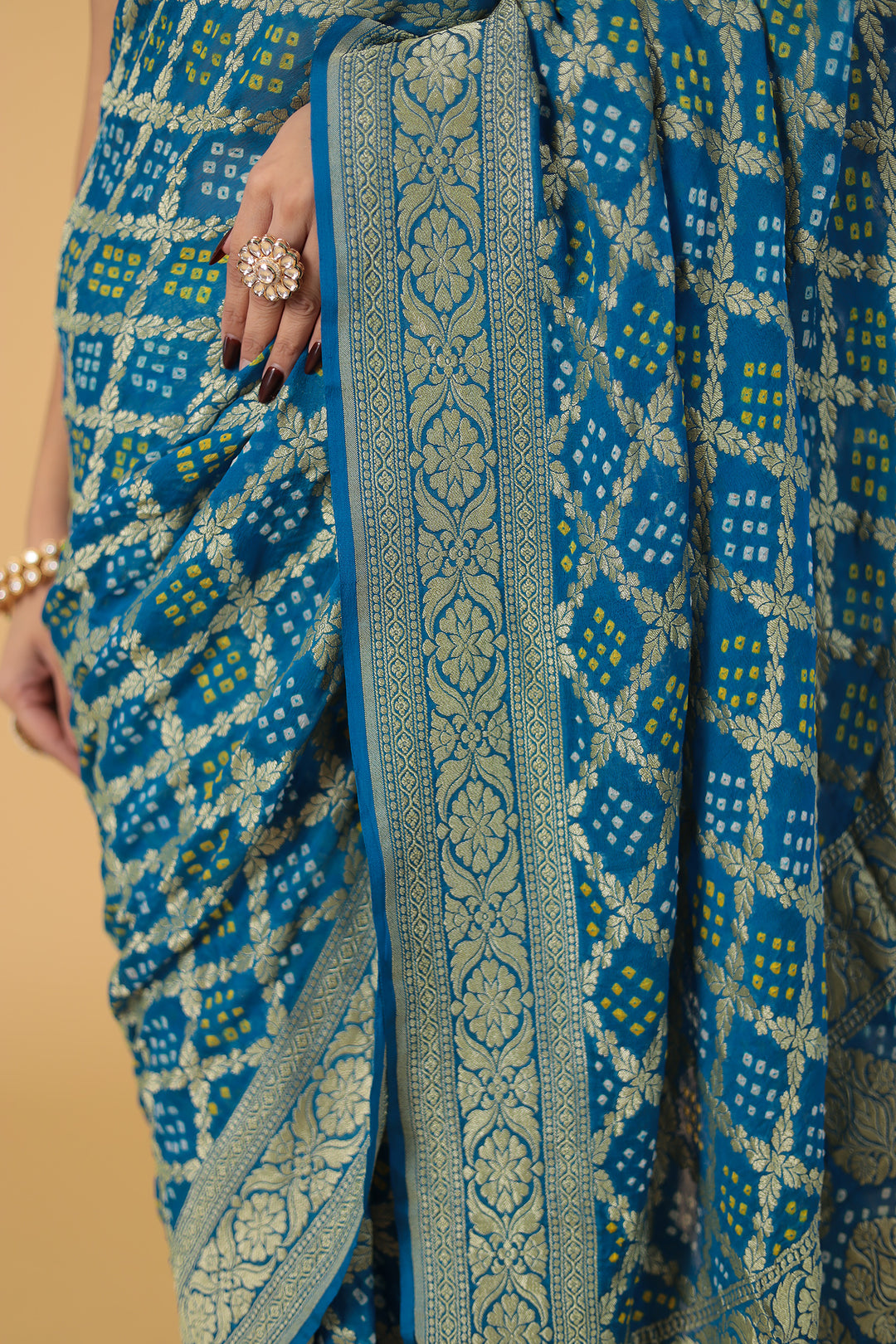 Blue Bandhej Pure Handloom Georgette  Saree